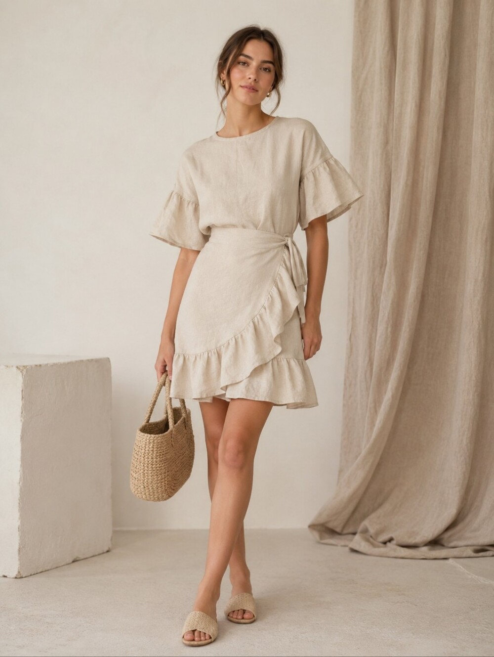 LINEN HANDMADE STUDIO Beige Wrap Dress